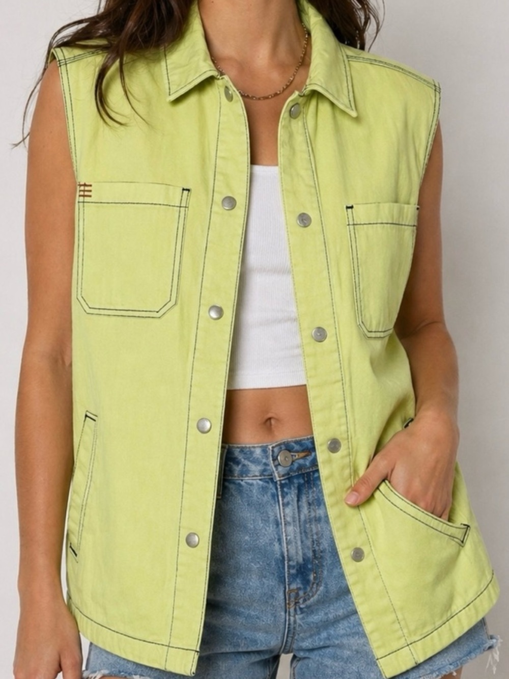 BDG Urban Outfitters Denim Vest Lime Green M Oversized Sleeveless Button Front